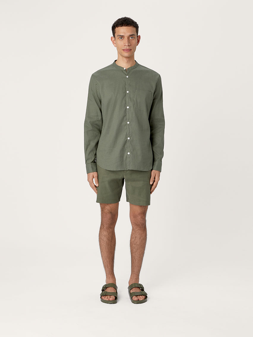 The All Day Shirt Linen Collarless || Olive | Linen
